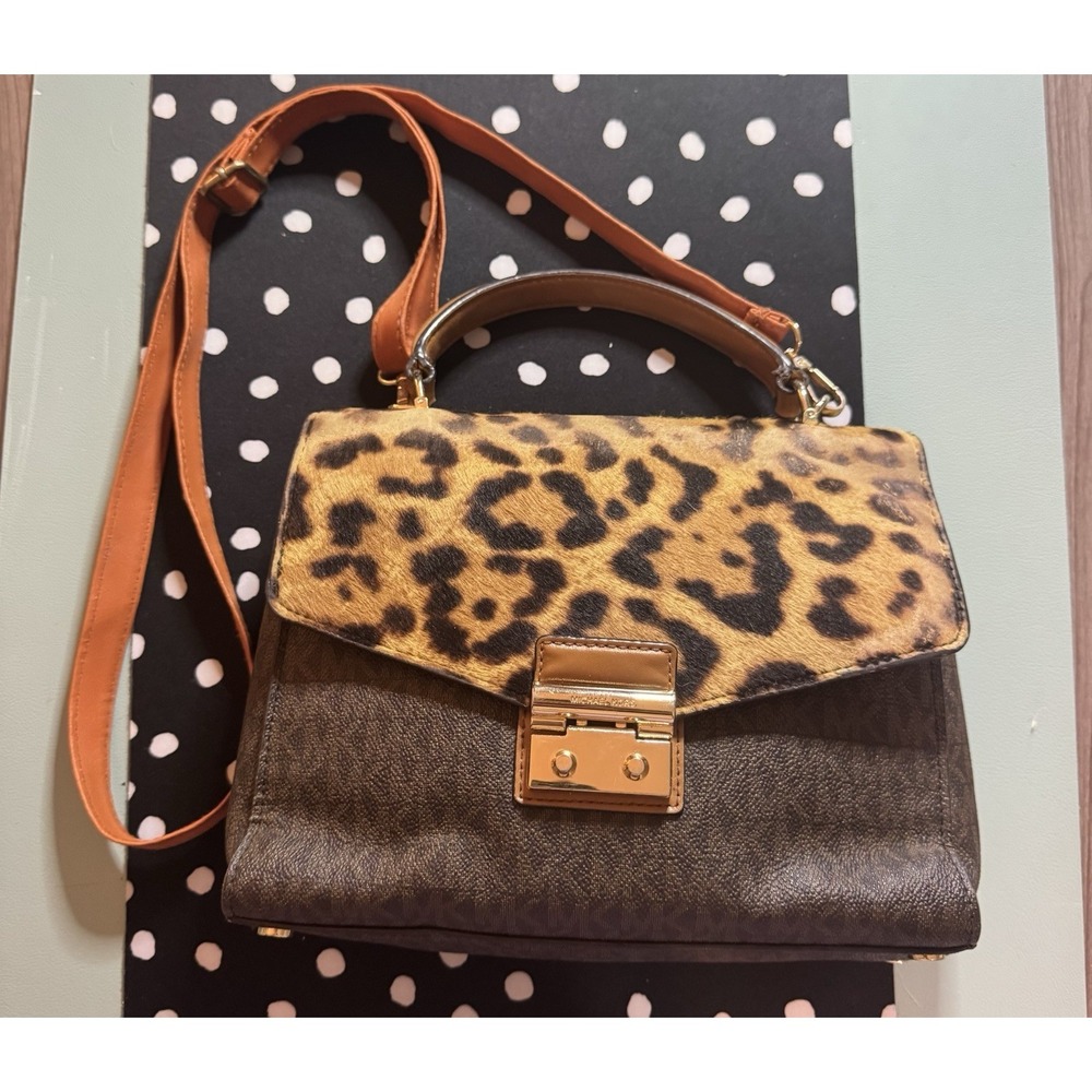Michael Kors Sloan Leather Top Handle Strap Satchel Brown Tan Leopard Print
